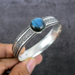 Natural Labradorite Gemstone 925 Sterling Silver Cuff Bangle Adjustable b7q25