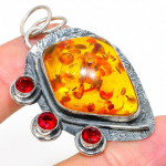 Natural Baltic Amber, Garnet Gemstone 925 Sterling Silver Pendant 2.17 u0c78