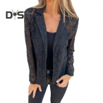 Naiste &uuml;likond, mantel, pitsdisain, rev&auml;&auml;r, pikkade varrukatega, &uuml;hev&auml;rviline elegantne bleiser jakk &Auml;ririided vabaaja igap&auml;evar&otilde;ivad S must