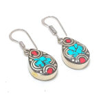 Tibetan Turquoise, Coral Handmade 925 Sterling Silver Jewelry Earring 1.58 s5b95