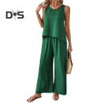 Naiste Kaheosaline Vabaaja Komplekt Suvine Varrukateta &Otilde;&otilde;nsa Selja Top Laiade S&auml;&auml;rtega P&uuml;kste Komplekt Vabaaja Puhkuse Reisi Riietus S hele khaki v&auml;rv