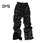 Women Casual Pants Elastic Waist Adjustable Drawstring Straight Wide Leg Trousers with Pockets Solid Color Loose Fit Long Pants 2XL khaki