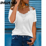 IHUASU Naiste mood vabaaja &uuml;hev&auml;rvilise tr&uuml;kiga l&uuml;hikeste varrukatega V-kaelusega pluusid ja s&auml;rgid S valge