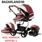 BAZARLAND30.Poussette 3 en 1 B&eacute;b&eacute; Combin&eacute;e Si&egrave;ge-Auto Nacelle Trio R&eacute;versible cuir pu Roues increvables Canne. ROUGE