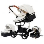 BAZARLAND30 Poussette 3 en 1 B&eacute;b&eacute; Combin&eacute;e Si&egrave;ge-Auto Nacelle Trio R&eacute;versible cuir pu Roues increvables Canne blanc. valge
