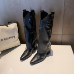 Naiste Kauboisaapad Mood Sisse Libistatavad Naiste Elegantsed Ruudukujulise Kontsaga Pika S&auml;&auml;rega Saapad Kingad Retro Naiste Talvejalatsid 40 must