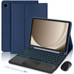 Klaviatuurikate Samsung Galaxy Tab A11 Plus / A9 Plus jaoks, Tumesinine PU-nahk taustvalgustusega klaviatuuri + hiire + pliiatsiga