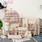 Seljakott, armas ruuduline p&otilde;hikooli seljakott naiste Korea versioon Trend seljakott viieosaline seljakoti komplekt 42x12x31cm roosa