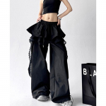 Y2K Mustad Cargo P&uuml;ksid Naistele Streetwear Pitsi Patchwork Valged Laiad P&uuml;ksid Suvi Gyaru Harajuku Korea Kotid P&uuml;ksid S must