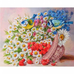 Teemanttikandid  White Daisy & Blue Fishes  Ristpistes &Uuml;mar teemantmaal Teemantmaal 20X30CM