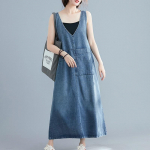 Naiste teksakleit Suures suuruses vabaaja vintage varrukateta suured taskud lahtised retro teksap&uuml;ksid kleidid naistele V kaelusega suvel L sinine