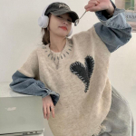 Love Spliced ​​Denim Pikkade varrukatega kampsun, Pullover Naiste S&uuml;gis Lahti Temperament Lazy Tuul V&otilde;lts Kaheosaline Kampsun Naiste Top One Size beež