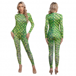 Naiste Merineitsi Cosplay Fish Scale Print Jumpsuit pikkade varrukatega tagasi t&otilde;mblukuga Full Body Rompers Bodysuit ujumistrikoo M roheline