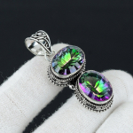 Mystic Rainbow topaasi ripats, 925 Sterling h&otilde;bedane ripats, kahekordse v&auml;&auml;riskiviga vikerkaare Mystic Topaz kaelakee antiikne ehteripats kingituseks 2.75