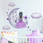 Butterfly Little Girl Grey Moon Clouds Seinakleebised Eemaldatav vin&uuml;&uuml;list kodukaunistus lilla