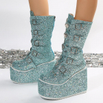 moe Bling Sequin Paks platvormiga mootorrattasaapad Naistele Y2K S&uuml;damekujuline pandlaga Punksaapad Naine 2024 Kiilkontsad Keskmise s&auml;&auml;rega Botas Suurus 43 35 sinine