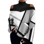 Naiste s&uuml;gistalvine kontrastsusega v&auml;rvitr&uuml;kiga topid, poolk&otilde;rge krae, k&uuml;lmade &otilde;ladega latern, pikkade varrukatega avara t-s&auml;rk L