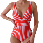 Naiste Monokini s&uuml;gava V-kaelusega varrukateta Slim Fit &uuml;hes t&uuml;kis bikiinid triibulise tr&uuml;kiga k&otilde;rge v&ouml;&ouml;kohaga k&otilde;ht S punane