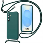 Coque pour Samsung Galaxy S25 - Silicone Liquide Antichoc avec Cordon Ajustable Vert Nuit