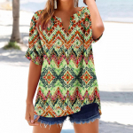 Women's loose printed stand collar short-sleeved cotton and linen top M