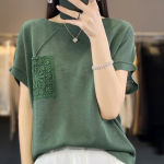 Bambuss&otilde;lm Puuvill &Uuml;mar kaelus Heegeldatud lille taskuga kampsun L&uuml;hikeste varrukatega Naiste moekas mitmek&uuml;lgne trendikas &uuml;laosa Mugav p&otilde;hiline s&auml;rk XL