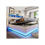Valgustatud LED - MUVOE - 180 x 200 cm - USB-pistikupesa - H&uuml;drauliline hoiuruum - Beež linane kangas