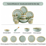 P&otilde;hjamaise stiiliga keraamiline s&ouml;&ouml;gin&otilde;ude komplekt: Elegantne kuldse servaga taldrikud, kausid ja s&ouml;&ouml;gipulgad