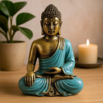 Buddha kuju t&uuml;rkiissinine ja kuldne vaik Varada mudra