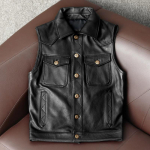 Uus meeste nahkvest Ehtne veisenahk Kitsa l&otilde;ikega L&uuml;hike vest Biker-jakk Moodne trend L must