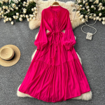 Prantsuse vintage maksikleit naistele p&uuml;stine krae latern, varrukas, pitsiline, naiste A-line elegantsed kleidid kevad-s&uuml;gis One Size roosa punane v&auml;rv