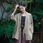 Johnature Naiste Vintage Bandage jakid Kevad &uuml;hev&auml;rvilised linased mantlid V-kaelusega Seitsme varrukaga Patchwork Taskud Joped One Size hele khaki v&auml;rv