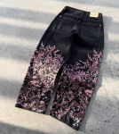 Unisex Y2K gooti kirsipuu tikandiga teksap&uuml;ksid meestele naistele streetwear laia s&auml;&auml;rega p&uuml;ksid high street kotakad teksap&uuml;ksid S must