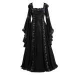 Suurusele sobiv keskaegne retro kapuutsiga kleit: Halloweeni Euroopa ja Ameerika stiil ruudukujulise kaelusega, kellukestega varrukate ja laia alumise servaga seelikuga 4XL black