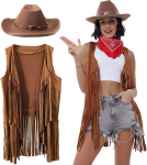 3 tk Naiste Kauboi Cowgirl Kost&uuml;&uuml;m Kunstnahast Suede Tutiga Vest V&ouml;&ouml;tkost&uuml;&uuml;m Neetidega Kauboi M&uuml;ts Karnevali Peokleit Klubi R&otilde;ivad S pruun