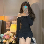 Bodycon Wrap seksikas kleit naistele Korea stiilis disain Kawaii volangid Lolita l&uuml;hikesed kleidid pitsist r&uuml;&uuml; Naiste s&uuml;gis S must