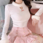 Y2k Aesthetic Heart Hollow Out T-s&auml;rgid Casual O Neck Bow Patchwork Slim Tee-s&auml;rgid Femme Puff Sleeve Kawaii Sweet Harajuku Tops S valge