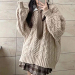 S&uuml;gistalvine naiste kampsun Harajuku suurte pikkade varrukatega V kaelusega kootud pullover Korea lahtine soliidne Preppy All Match kampsun S must