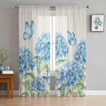 Suvelilled Hortensiad Liblikad L&auml;bipaistvad Voile Aken Kardinad T&uuml;llkardinad Elutuba R&otilde;du kaunistus kardinad 135W x 114H(cm)