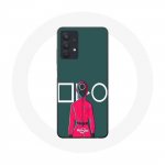 &Uuml;mbris Samsung Galaxy A32 5G Squid Game Red Soldieri jaoks, millel on &uuml;mmargune mask, roheline taust
