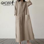 QICED pikkade varrukatega naiste kleit kevadine kaelusega elegantne kleit naiste vabaaja mood p&uuml;hade p&auml;ikesekleit S