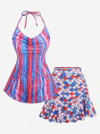 Rosegal Plus Size p&auml;itsed Ameerika lipp Star Stripes Mermaid Print Ruched Ruffles Seelikuga Tankini ujumistrikoo M roosa