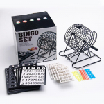 Luksuslik bingom&auml;ngukomplekt metallist &uuml;mmarguse puuriga, 75 numbriga palli, 150 bingomarkerit, metallist bingo must