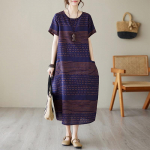 L&uuml;hikeste varrukatega Suures suuruses puuvillane vintage Stripe uus kleit naistele vaba vaba pikk suvekleit L sinine