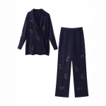 Moodne satiinist kimonojakk 2-osaline &uuml;likond elegantne litritega p&uuml;kste komplekt naistele riietus pluss suurus XS tumesinine v&auml;rv