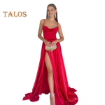 Daami &otilde;htukleit Madala kaetuseta, seljata, varrukateta spagetidist rihmaga maksikleit, &otilde;huke, suure piluga &uuml;hev&auml;rviline satiinist peopallikleit S punane