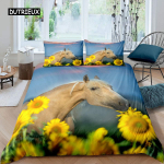 3D hobuse tekikott Kuninga ja Kuninganna suuruses Kollane p&auml;evalill Voodipesukomplekt Lilleline looma teemaline tekkikate Eluslooduse pehme tekikate EU single(135x200cm)