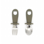 Juego de tenedor y cuchara de comida para beb&eacute;, sin BPA, mango de silicon, oso de dibujos animados, vajilla de acero inoxidable sinine