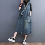 Suvi Kevad Naiste Pikad Riided Vaba V&ouml;&ouml; Varrukateta Denim Kleit Daamidele Klassikaline Vabaaja Vintage Vestidos V-kaelus Keskmise Pikkusega Seelik XXL sinine