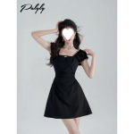 Must &otilde;hukese v&ouml;&ouml;koha ruudukujulise kaelusega A-kujuline kleit &ndash; 2025. aasta suve prantsuse hepburni stiilis XL