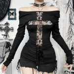 Goth Dark Sexy Lace Patchwork Cross Long Sleeve Pulloves T-s&auml;rgid Y2K Women Streetwear Mall Gothic Slim Tops T-s&auml;rk L